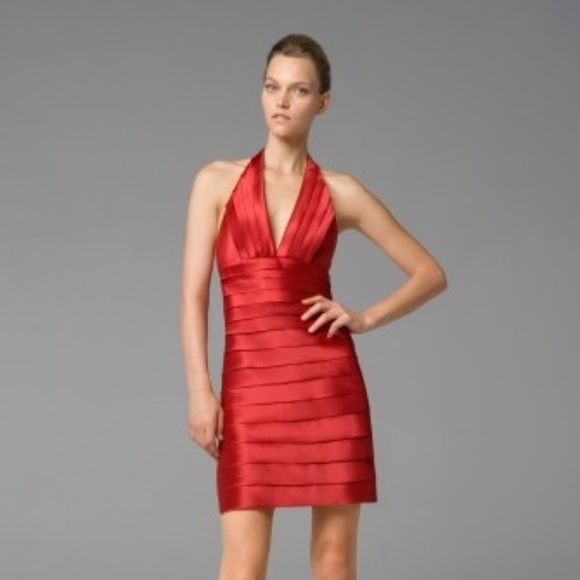 Vintage BCBG Red Tiered Satin Halter Dress - Picture 1 of 4